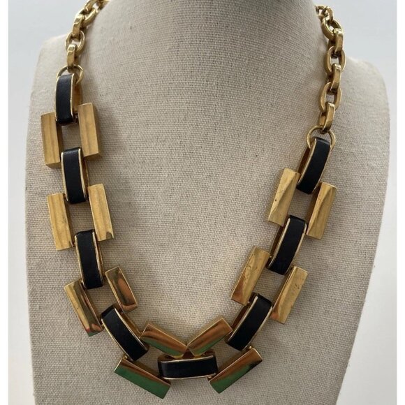 Ann Taylor Vintage Matte Gold and Black Leather Link Chain Necklace Quality 19” - Picture 14 of 16